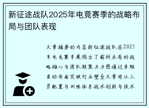 新征途战队2025年电竞赛季的战略布局与团队表现